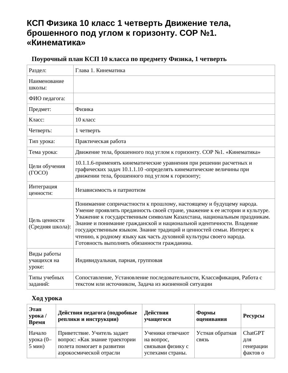 КСП Физика 10 класс 1 четверть Движение тела, брошенного под углом к горизонту. СОР №1. «Кинематика»