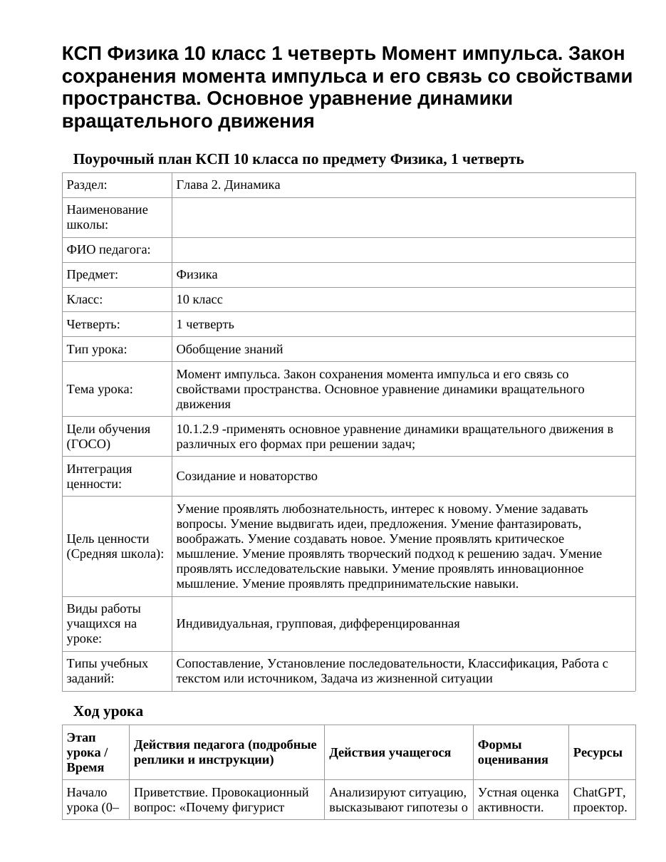 КСП Физика 10 класс 1 четверть Момент импульса. Закон сохранения момента импульса и его связь со свойствами пространства. Основное уравнение динамики вращательного движения