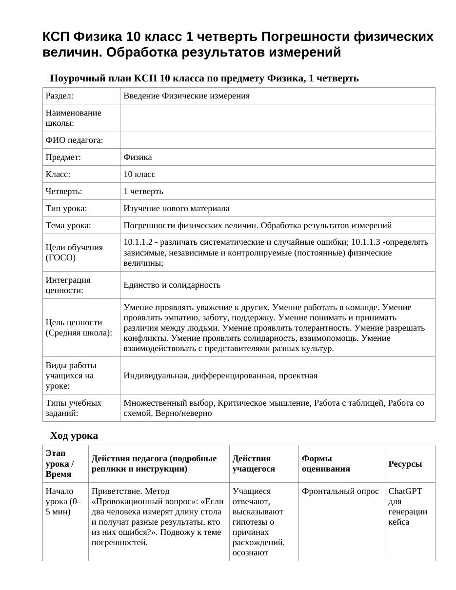 КСП Физика 10 класс 1 четверть Погрешности физических величин. Обработка результатов измерений