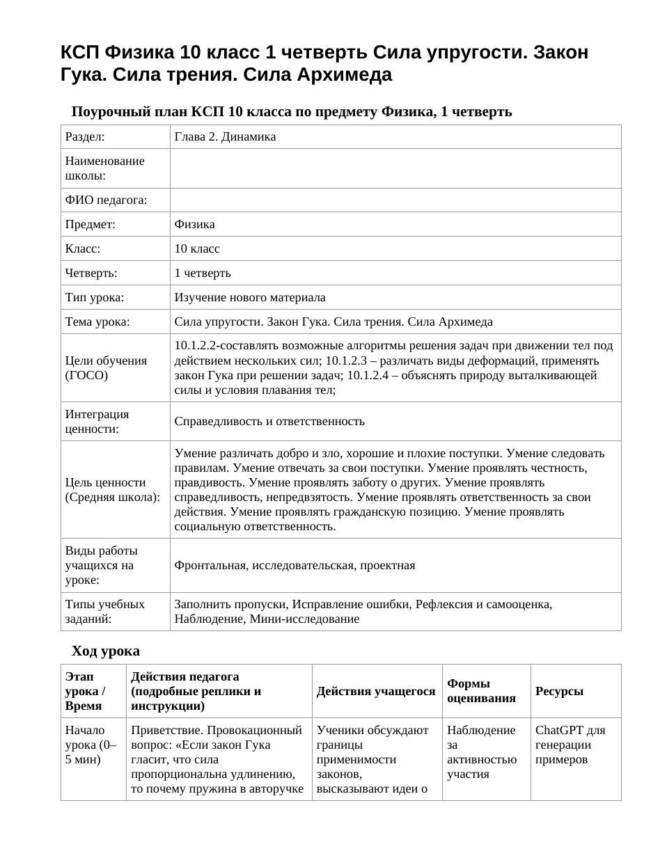 КСП Физика 10 класс 1 четверть Сила упругости. Закон Гука. Сила трения. Сила Архимеда