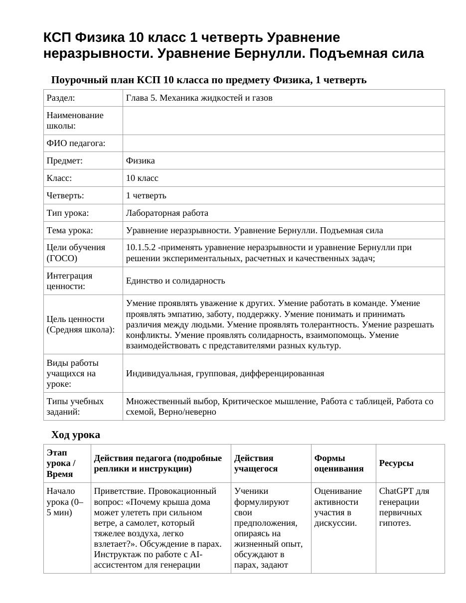 КСП Физика 10 класс 1 четверть Уравнение неразрывности. Уравнение Бернулли. Подъемная сила