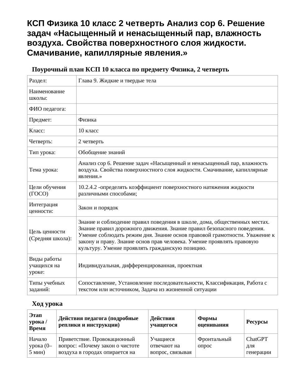 КСП Физика 10 класс 2 четверть Анализ сор 6. Решение задач «Насыщенный и ненасыщенный пар, влажность воздуха. Свойства поверхностного слоя жидкости. Смачивание, капиллярные явления.»