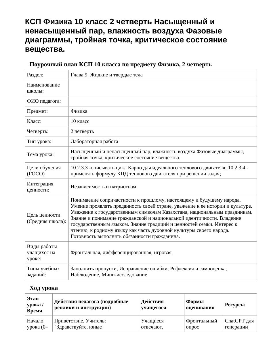 КСП Физика 10 класс 2 четверть Насыщенный и ненасыщенный пар, влажность воздуха Фазовые диаграммы, тройная точка, критическое состояние вещества.
