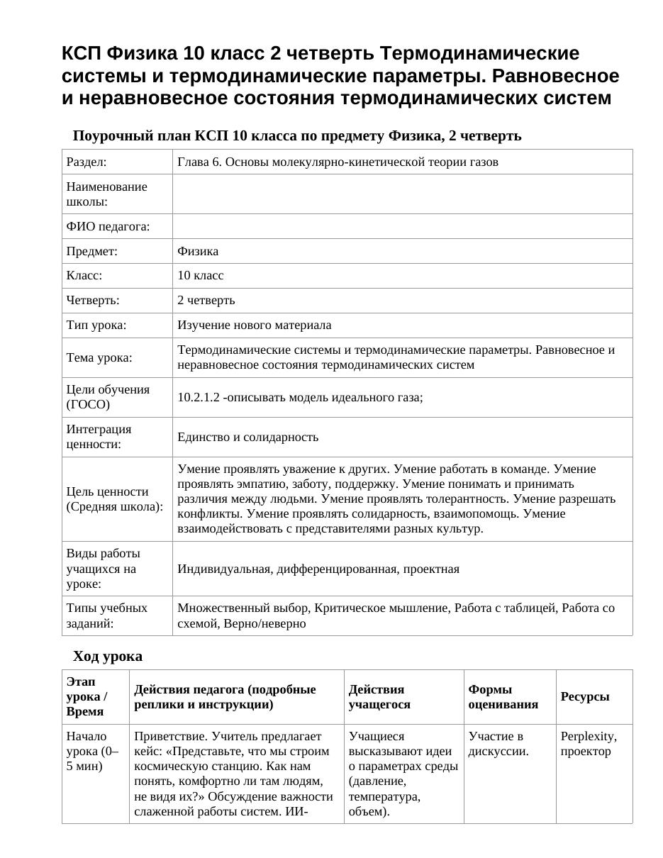 КСП Физика 10 класс 2 четверть Термодинамические системы и термодинамические параметры. Равновесное и неравновесное состояния термодинамических систем