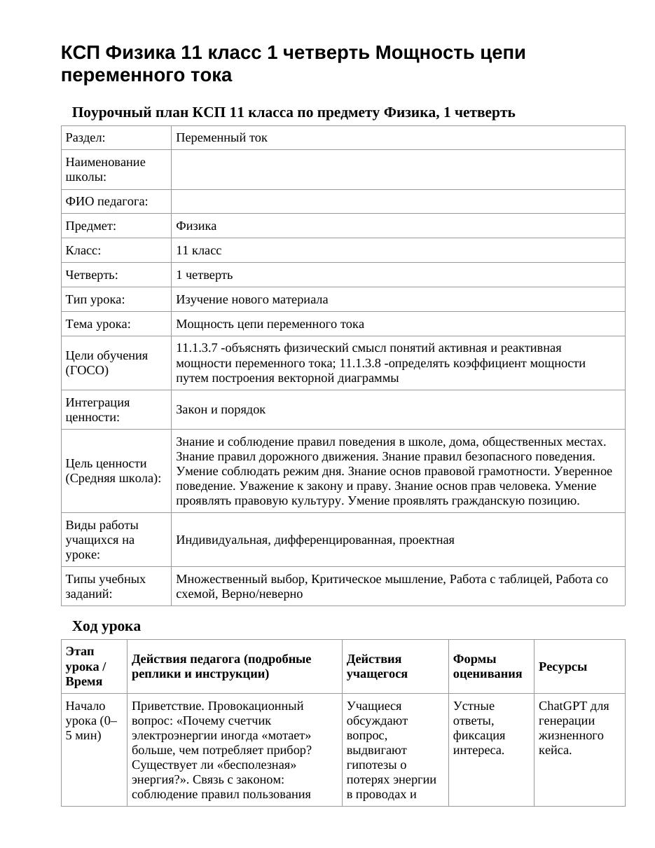 КСП Физика 11 класс 1 четверть Мощность цепи переменного тока