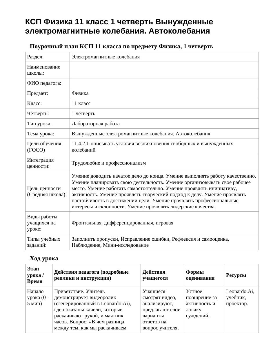 КСП Физика 11 класс 1 четверть Вынужденные электромагнитные колебания. Автоколебания
