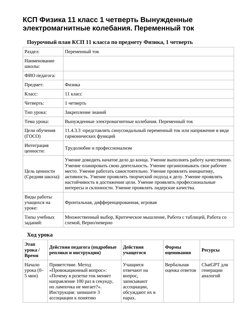 КСП Физика 11 класс 1 четверть Вынужденные электромагнитные колебания. Переменный ток