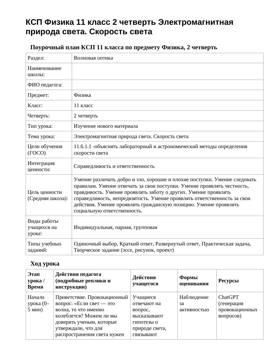 КСП Физика 11 класс 2 четверть Электромагнитная природа света. Скорость света