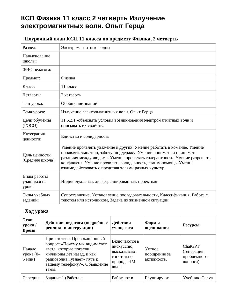 КСП Физика 11 класс 2 четверть Излучение электромагнитных волн. Опыт Герца