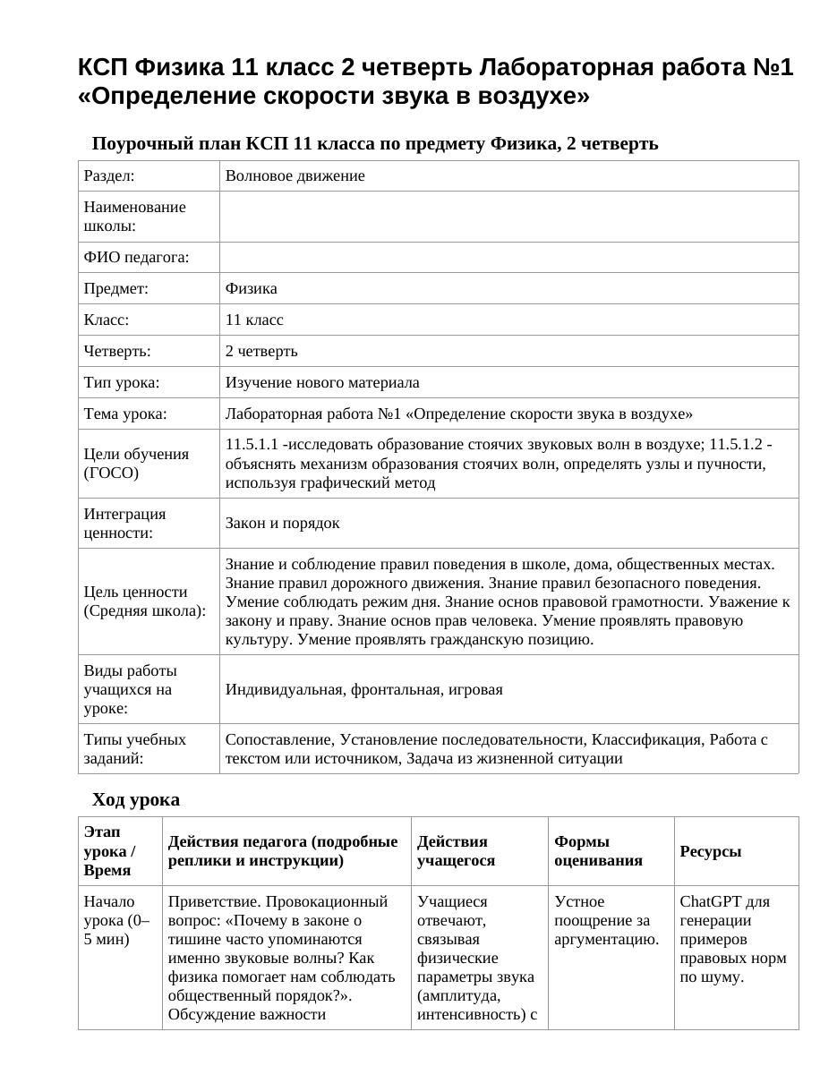КСП Физика 11 класс 2 четверть Лабораторная работа №1 «Определение скорости звука в воздухе»