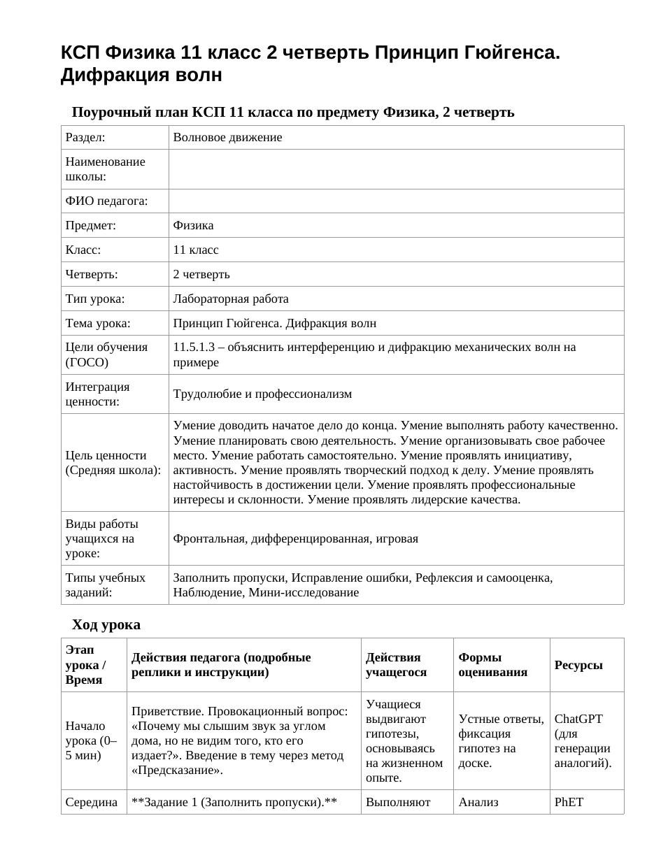 КСП Физика 11 класс 2 четверть Принцип Гюйгенса. Дифракция волн