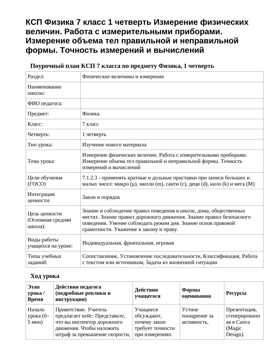 КСП Физика 7 класс 1 четверть Измерение физических величин. Работа с измерительными приборами. Измерение объема тел правильной и неправильной формы. Точность измерений и вычислений