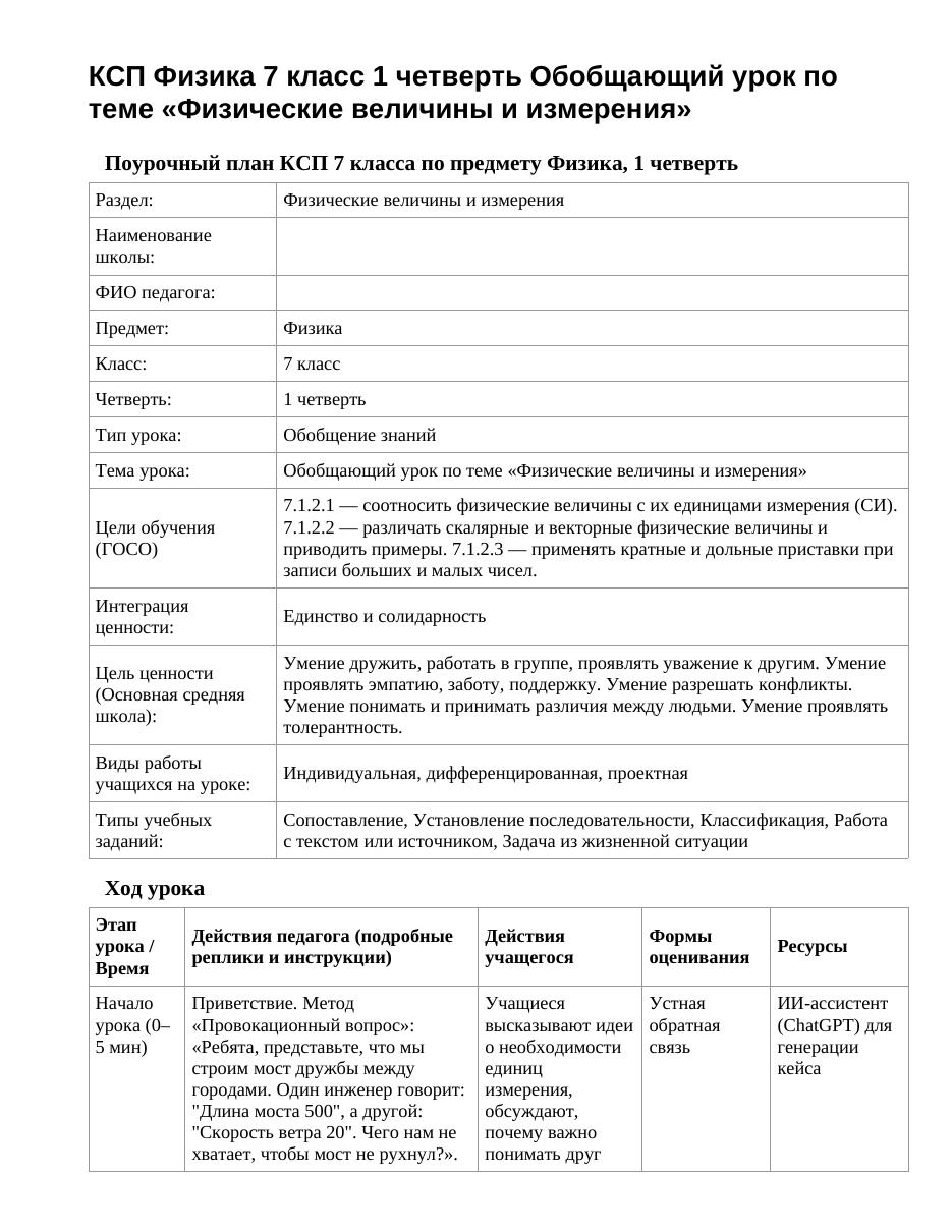КСП Физика 7 класс 1 четверть Обобщающий урок по теме «Физические величины и измерения»