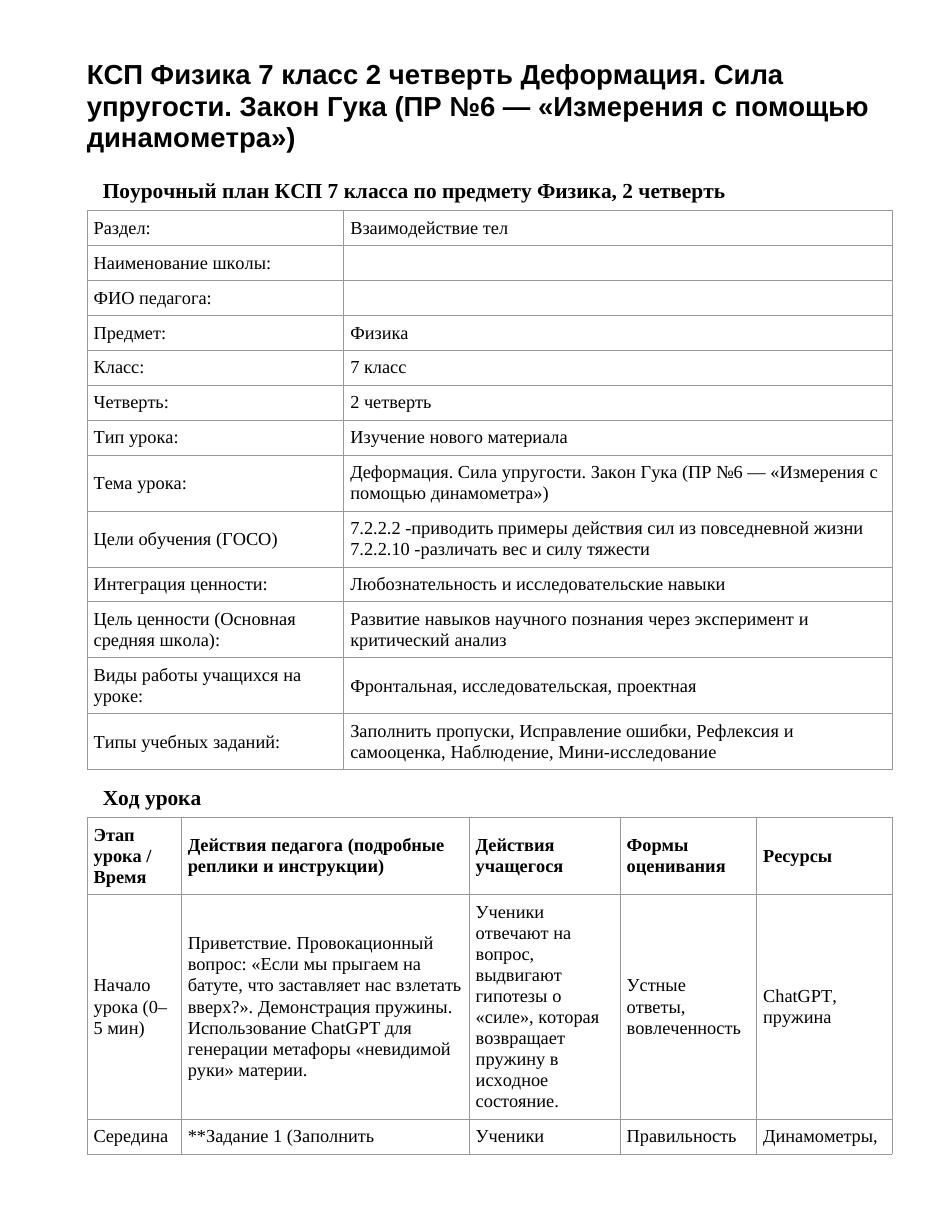 КСП Физика 7 класс 2 четверть Деформация. Сила упругости. Закон Гука (ПР №6 — «Измерения с помощью динамометра»)