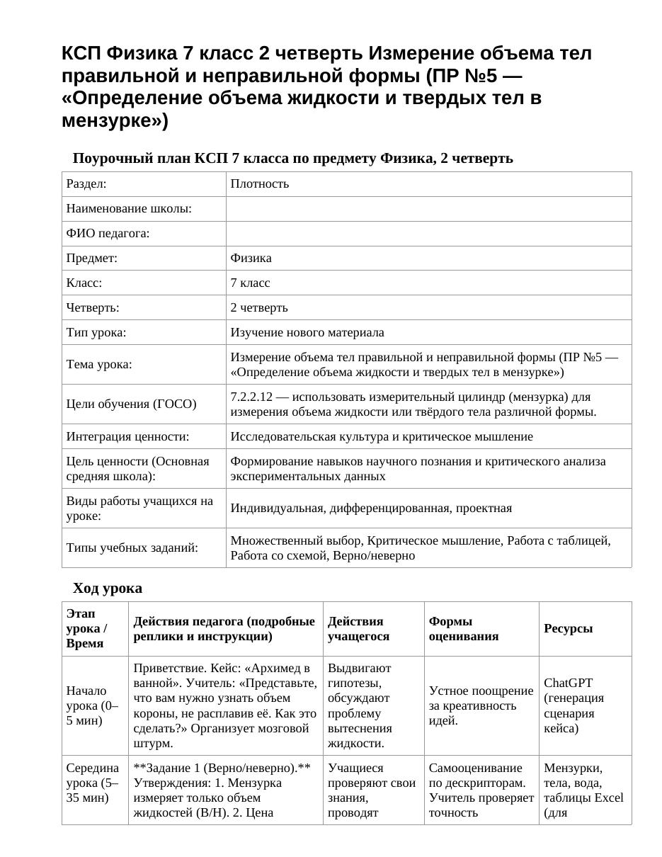 КСП Физика 7 класс 2 четверть Измерение объема тел правильной и неправильной формы (ПР №5 — «Определение объема жидкости и твердых тел в мензурке»)