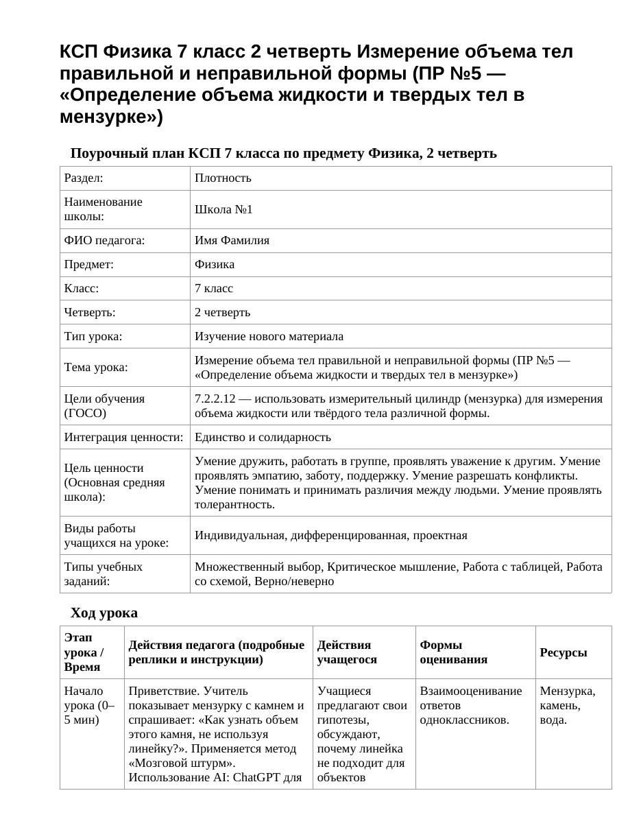 КСП Физика 7 класс 2 четверть Измерение объема тел правильной и неправильной формы (ПР №5 — «Определение объема жидкости и твердых тел в мензурке»)