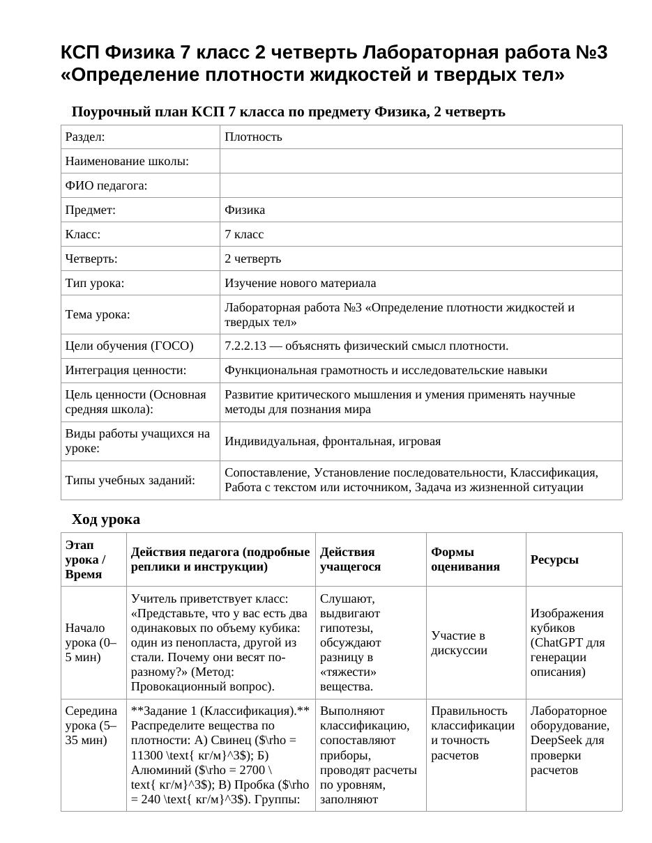 КСП Физика 7 класс 2 четверть Лабораторная работа №3 «Определение плотности жидкостей и твердых тел»