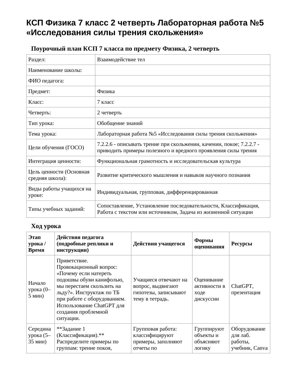 КСП Физика 7 класс 2 четверть Лабораторная работа №5 «Исследования силы трения скольжения»