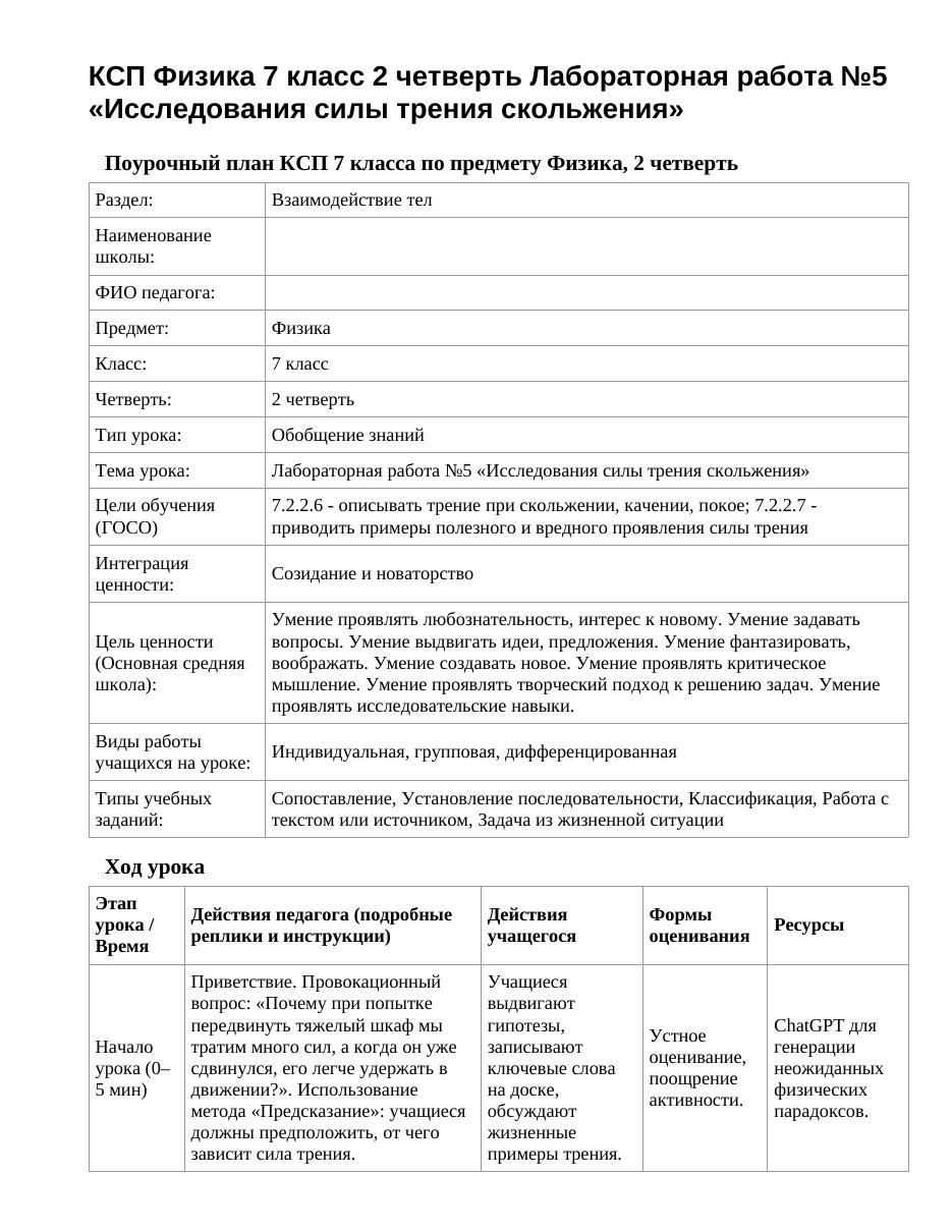 КСП Физика 7 класс 2 четверть Лабораторная работа №5 «Исследования силы трения скольжения»