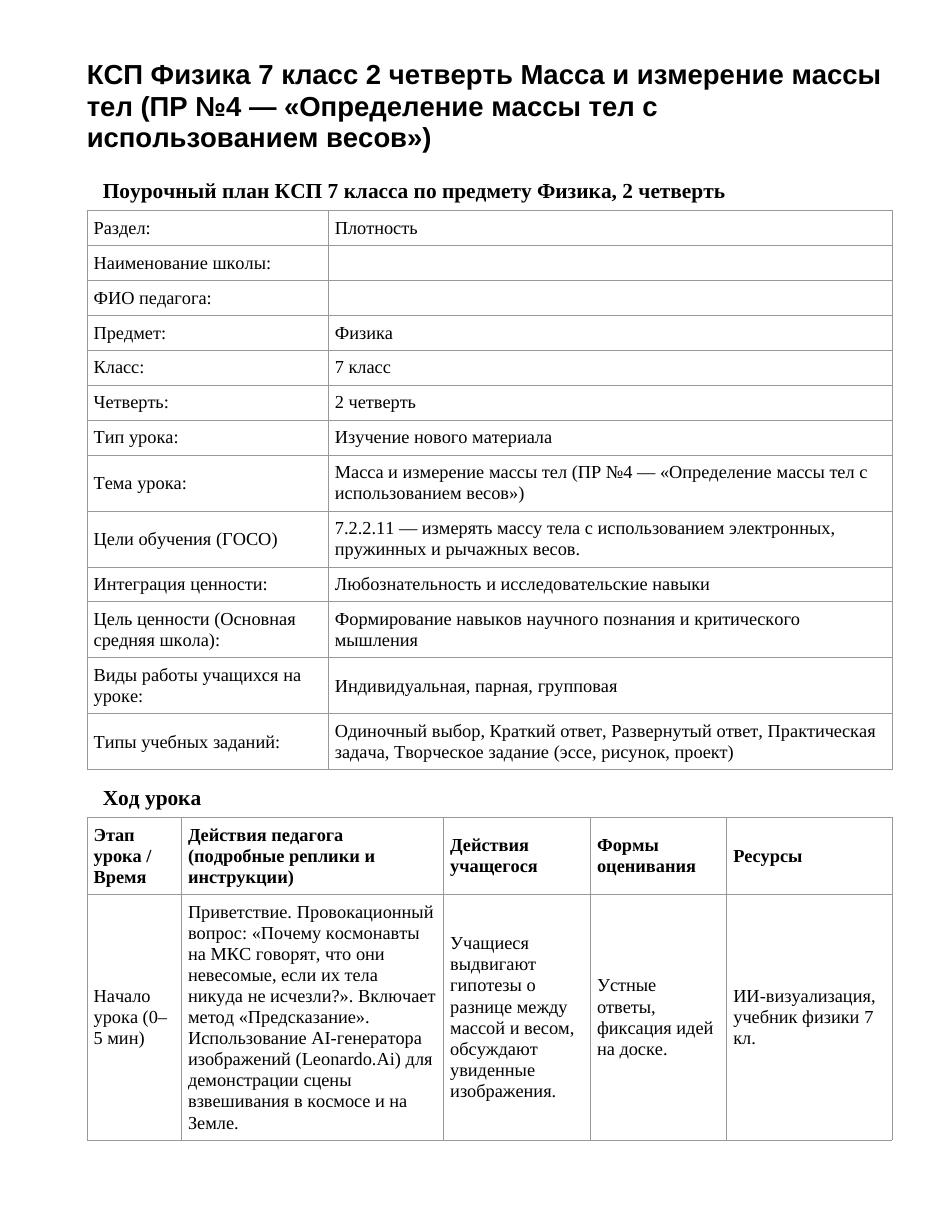 КСП Физика 7 класс 2 четверть Масса и измерение массы тел (ПР №4 — «Определение массы тел с использованием весов»)