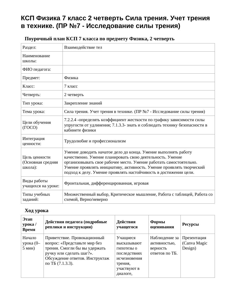 КСП Физика 7 класс 2 четверть Сила трения. Учет трения в технике. (ПР №7 - Исследование силы трения)