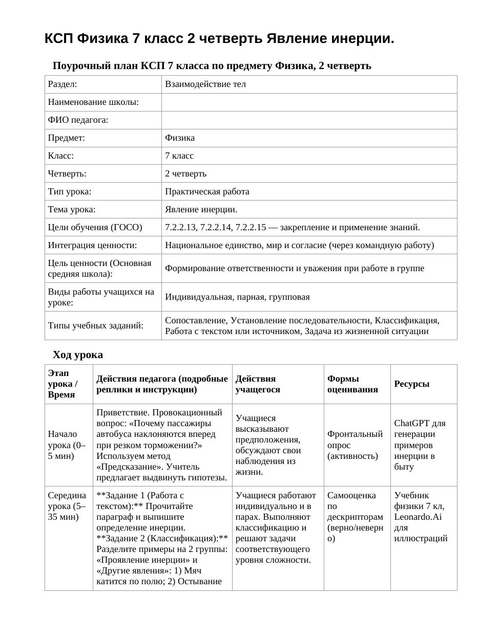 КСП Физика 7 класс 2 четверть Явление инерции.