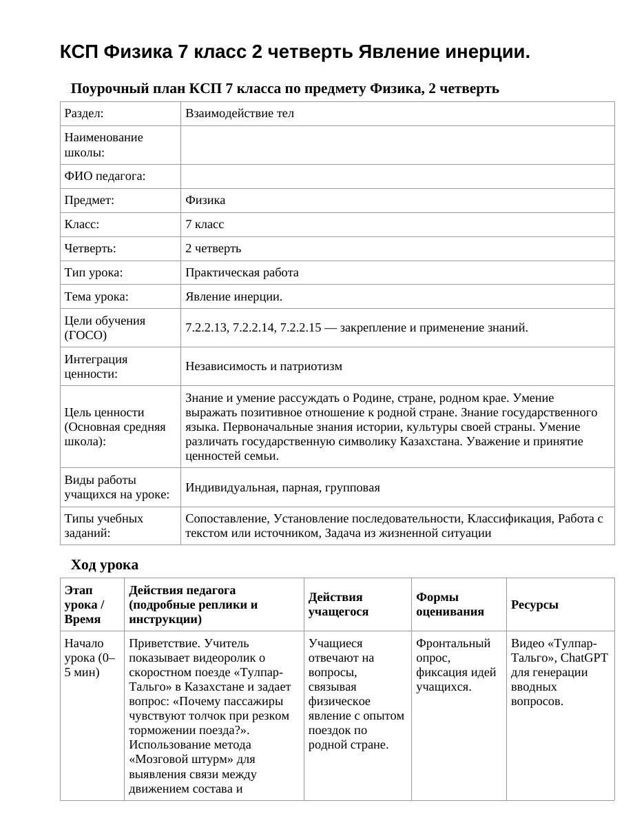 КСП Физика 7 класс 2 четверть Явление инерции.