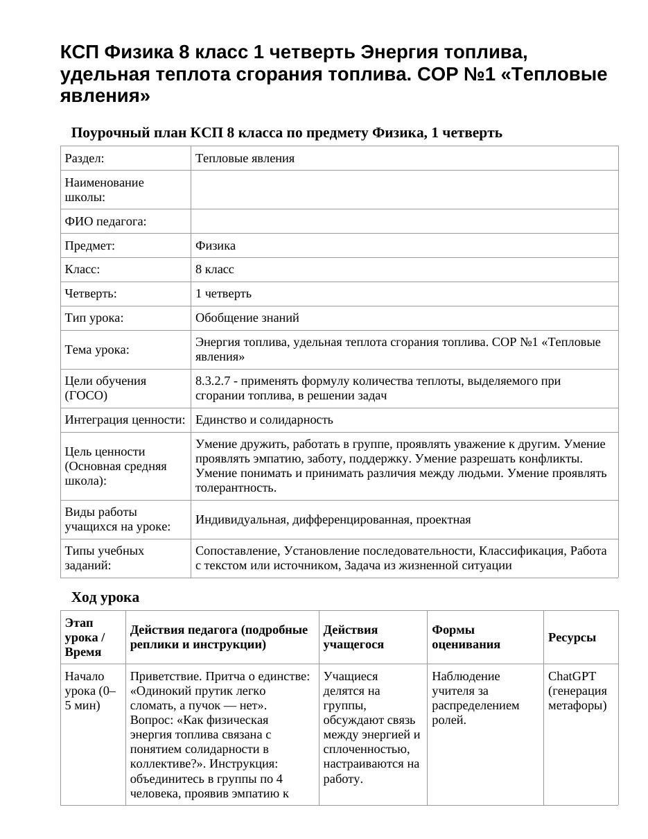КСП Физика 8 класс 1 четверть Энергия топлива, удельная теплота сгорания топлива. СОР №1 «Тепловые явления»