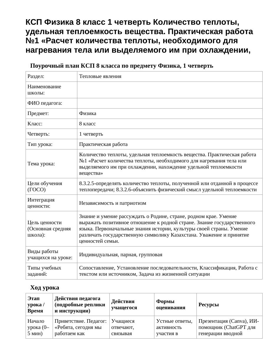 КСП Физика 8 класс 1 четверть Количество теплоты, удельная теплоемкость вещества. Практическая работа №1 «Расчет количества теплоты, необходимого для нагревания тела или выделяемого им при охлаждении,