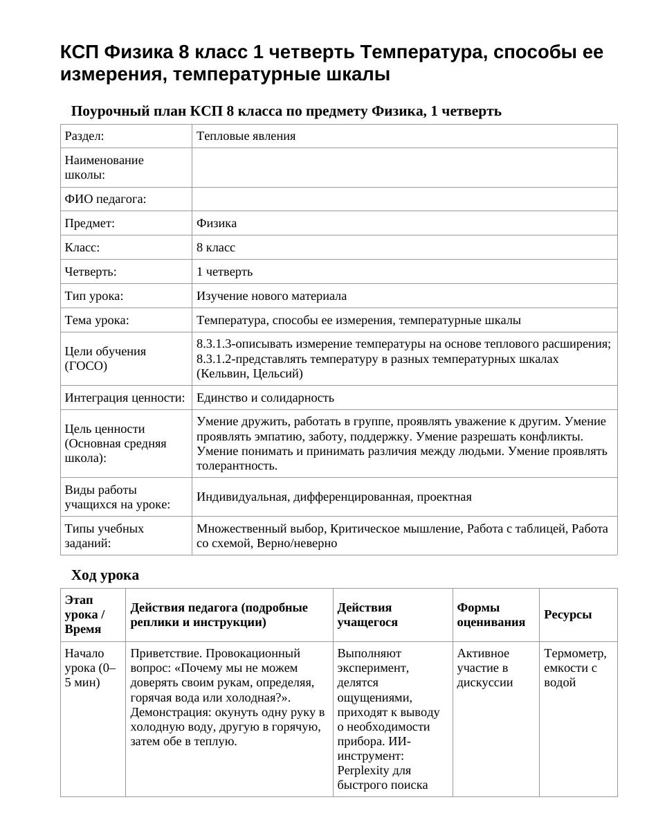 КСП Физика 8 класс 1 четверть Температура, способы ее измерения, температурные шкалы