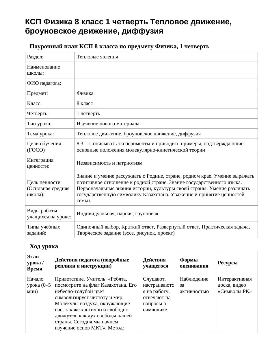 КСП Физика 8 класс 1 четверть Тепловое движение, броуновское движение, диффузия