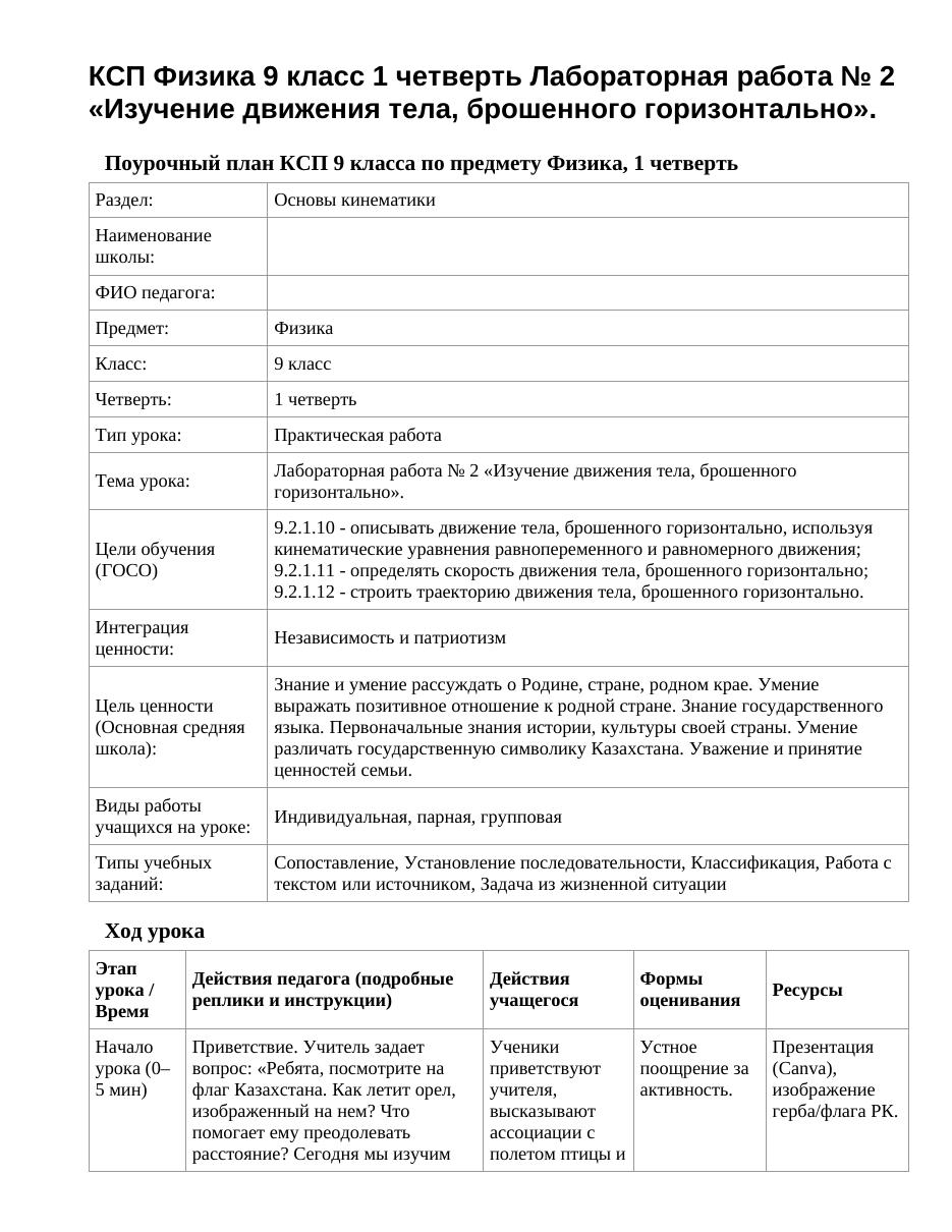 КСП Физика 9 класс 1 четверть Лабораторная работа № 2 «Изучение движения тела, брошенного горизонтально».
