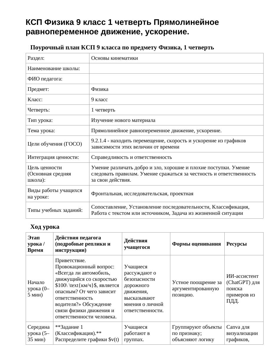 КСП Физика 9 класс 1 четверть Прямолинейное равнопеременное движение, ускорение.