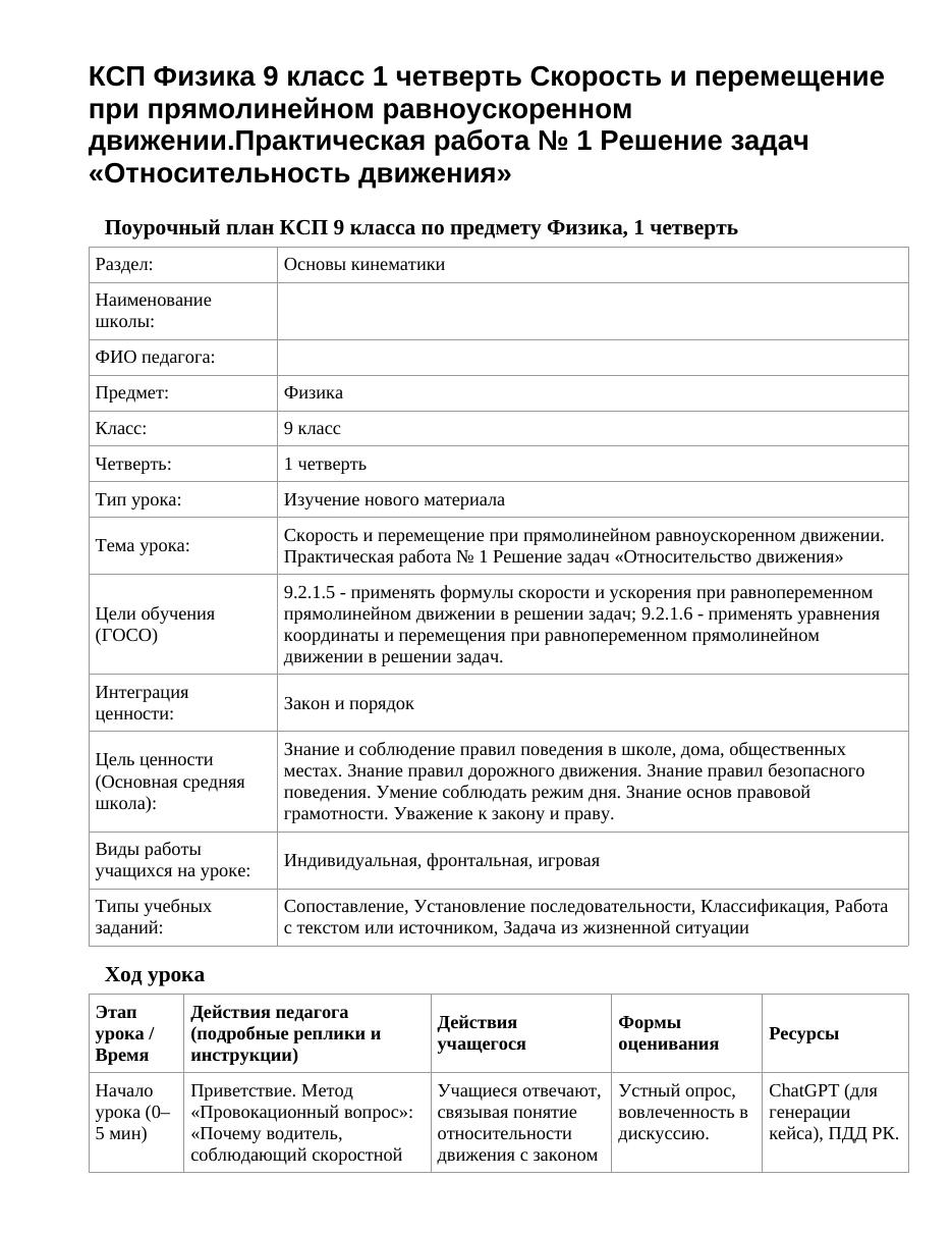 КСП Физика 9 класс 1 четверть Скорость и перемещение при прямолинейном равноускоренном движении.Практическая работа № 1 Решение задач «Относительность движения»