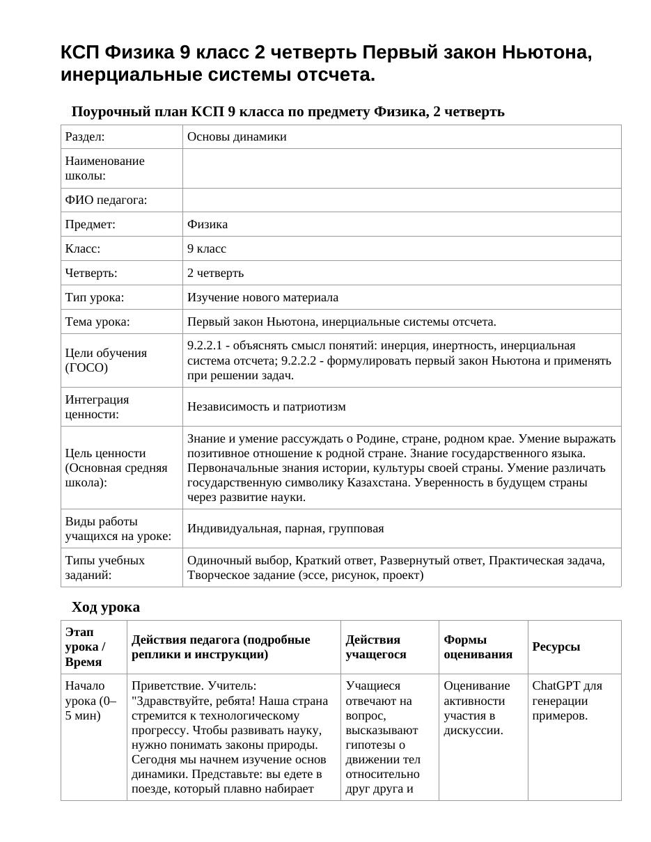 КСП Физика 9 класс 2 четверть Первый закон Ньютона, инерциальные системы отсчета.