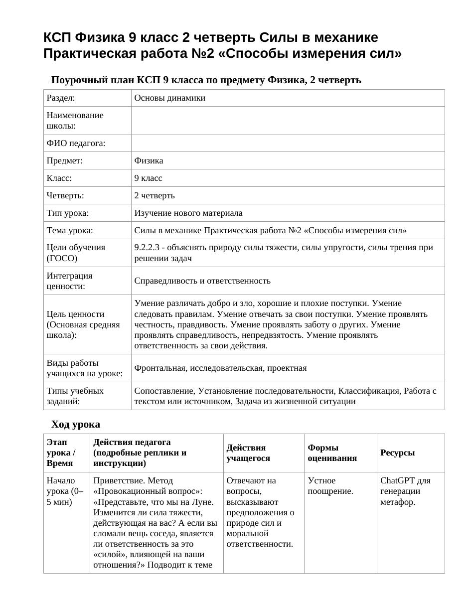КСП Физика 9 класс 2 четверть Силы в механике Практическая работа №2 «Способы измерения сил»