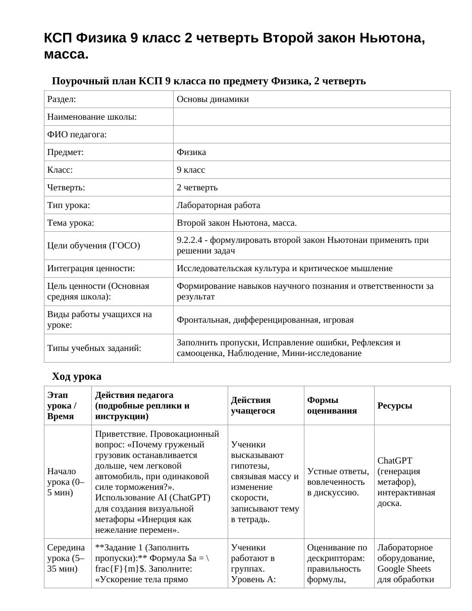 КСП Физика 9 класс 2 четверть Второй закон Ньютона, масса.