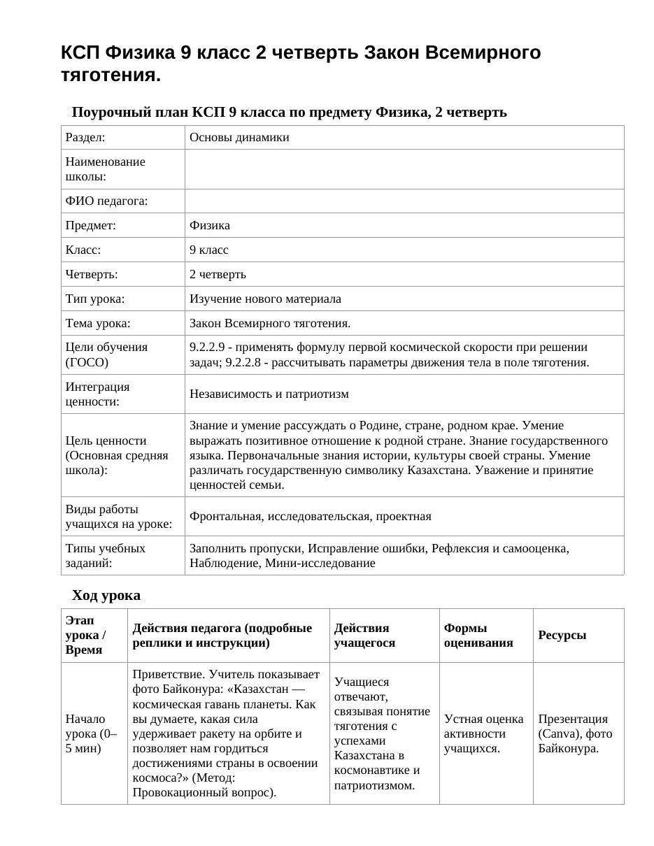 КСП Физика 9 класс 2 четверть Закон Всемирного тяготения.