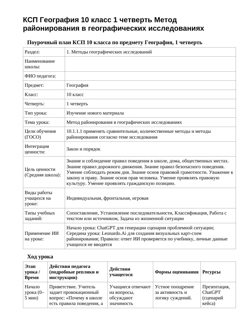 КСП География 10 класс 1 четверть Метод районирования в географических исследованиях