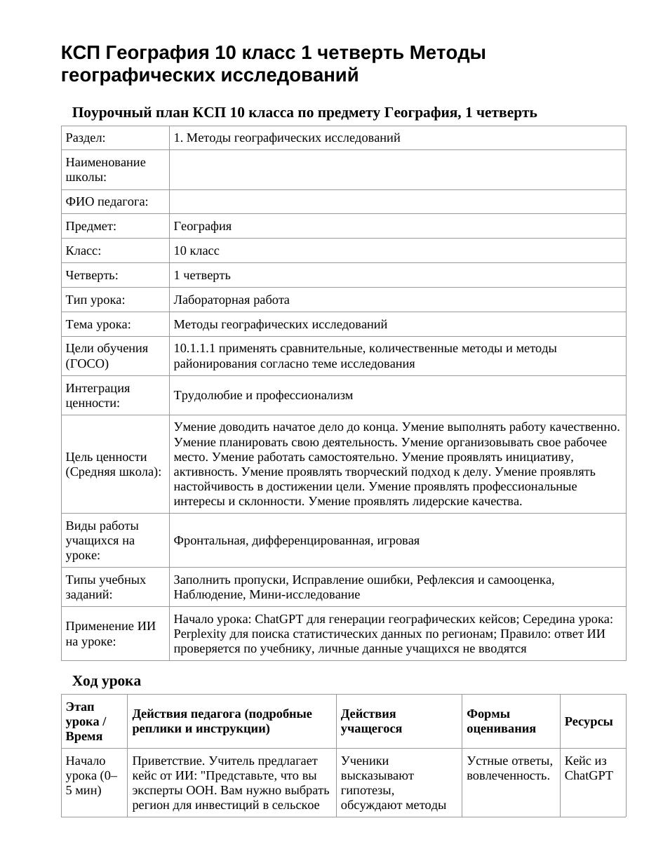 КСП География 10 класс 1 четверть Методы географических исследований