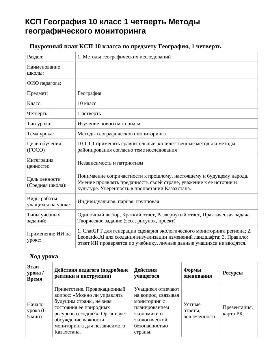 КСП География 10 класс 1 четверть Методы географического мониторинга