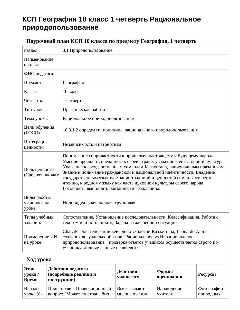 КСП География 10 класс 1 четверть Рациональное природопользование