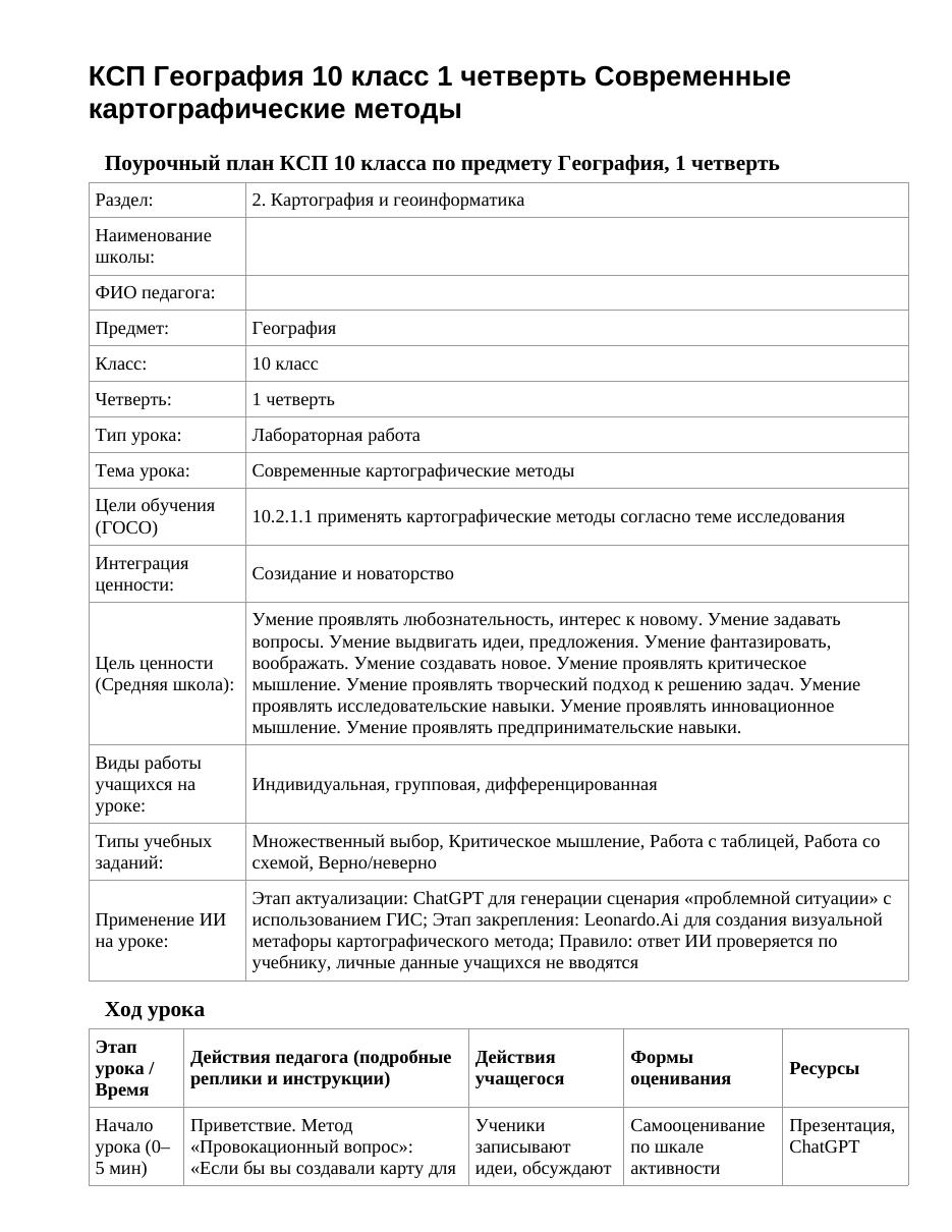 КСП География 10 класс 1 четверть Современные картографические методы
