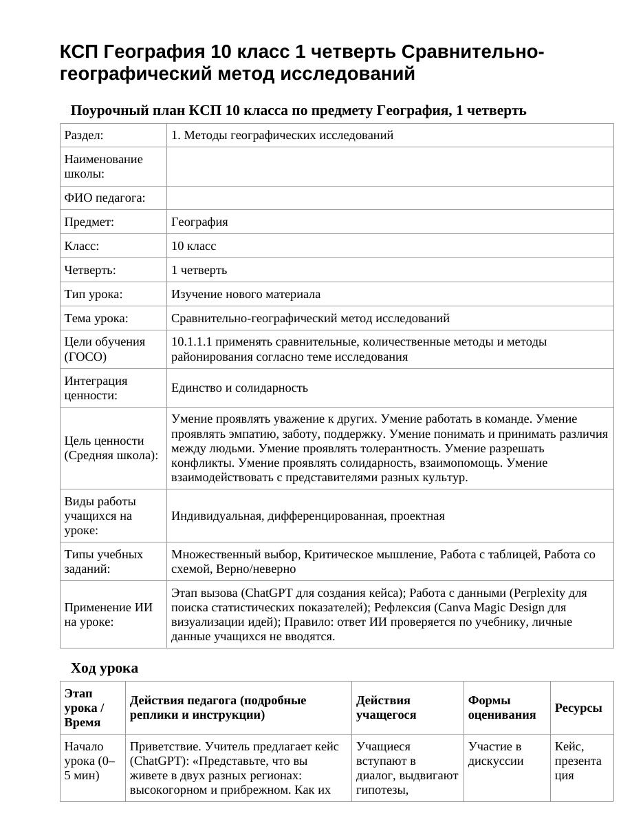 КСП География 10 класс 1 четверть Сравнительно-географический метод исследований