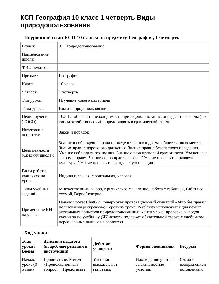 КСП География 10 класс 1 четверть Виды природопользования