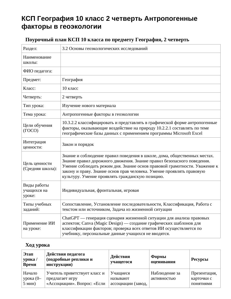 КСП География 10 класс 2 четверть Антропогенные факторы в геоэкологии