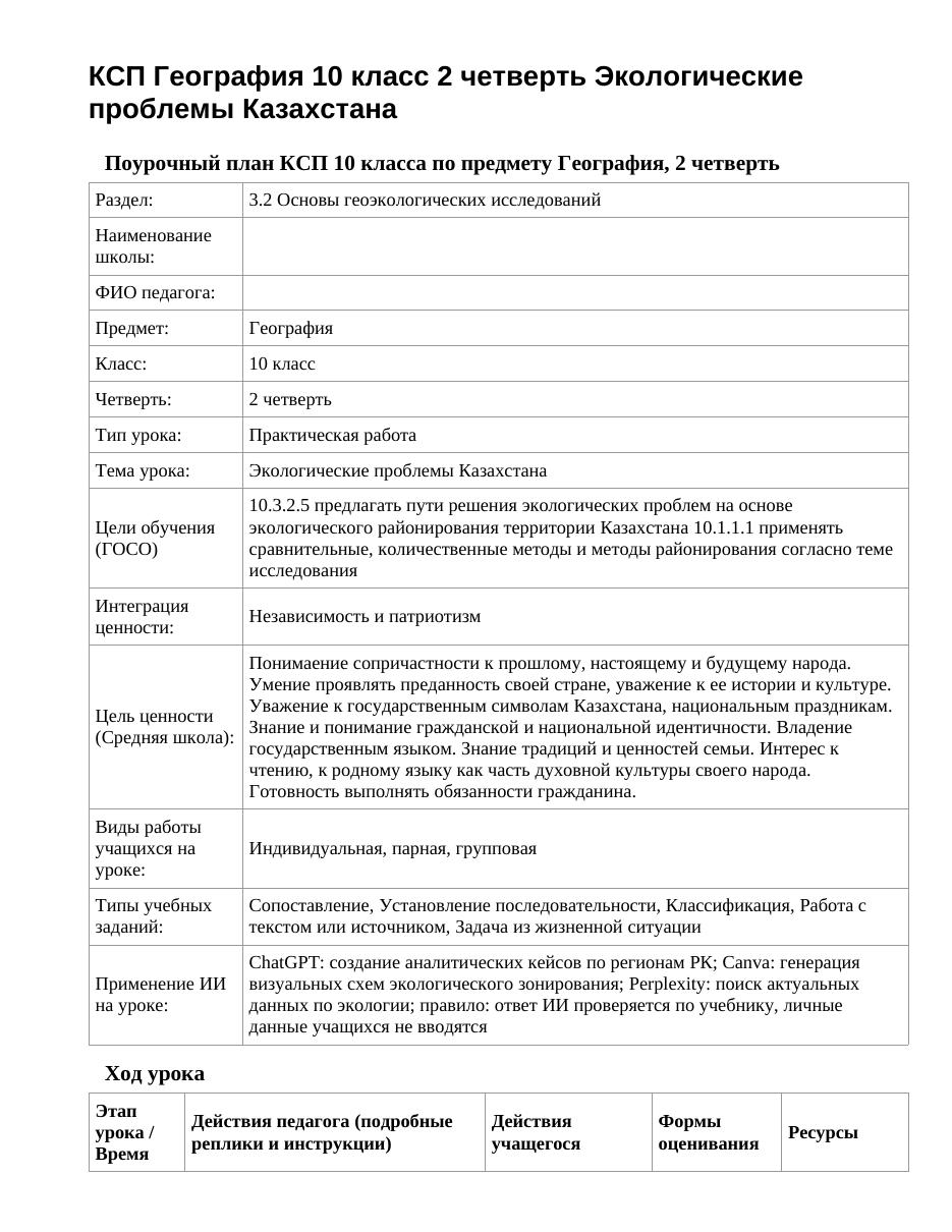 КСП География 10 класс 2 четверть Экологические проблемы Казахстана