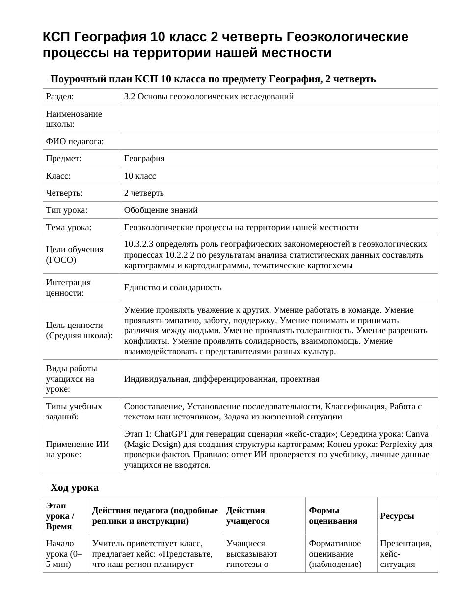 КСП География 10 класс 2 четверть Геоэкологические процессы на территории нашей местности