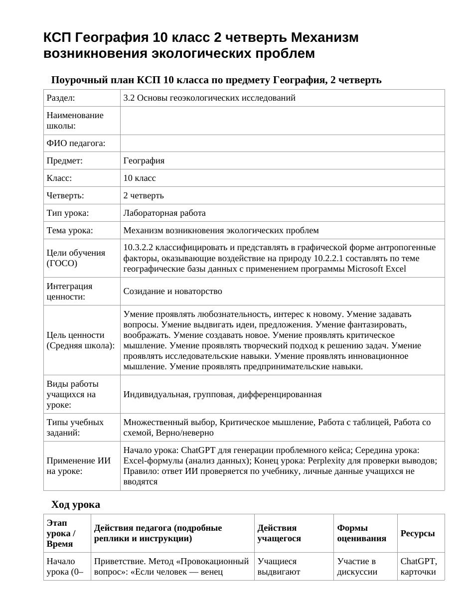 КСП География 10 класс 2 четверть Механизм возникновения экологических проблем