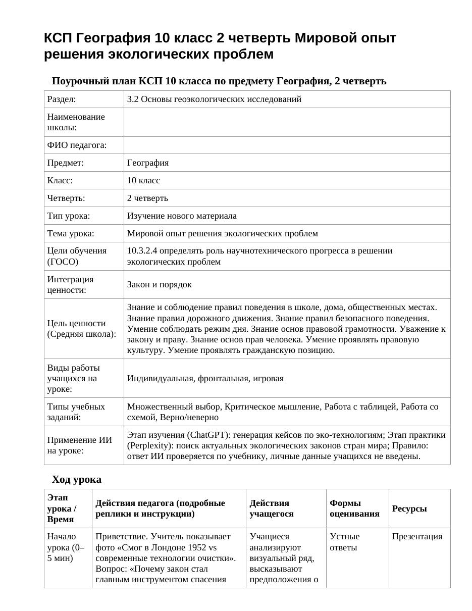 КСП География 10 класс 2 четверть Мировой опыт решения экологических проблем